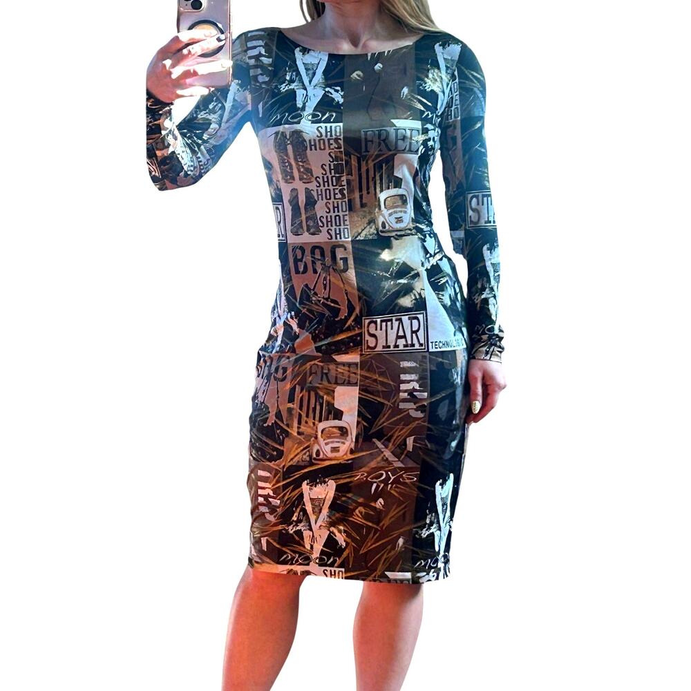 NWT Vintage Cache Y2K Graphic Print Newspaper Metallic Gold Knee Dress S 90s